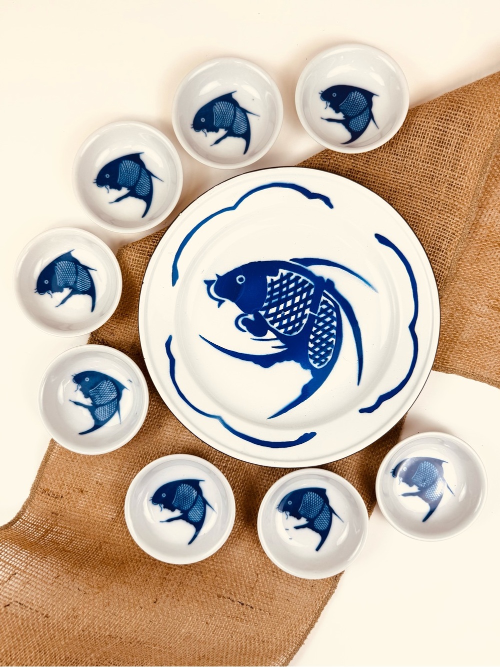 Metal Fish Plate and 8 Ceramic Small Fish Dishes